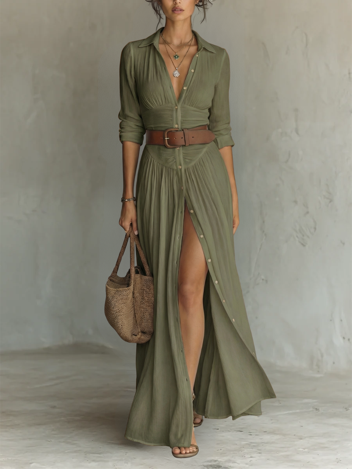 Stylish women's long sleeve collared maxi dress in a flowing pleated design, perfect for elegant party looks.
