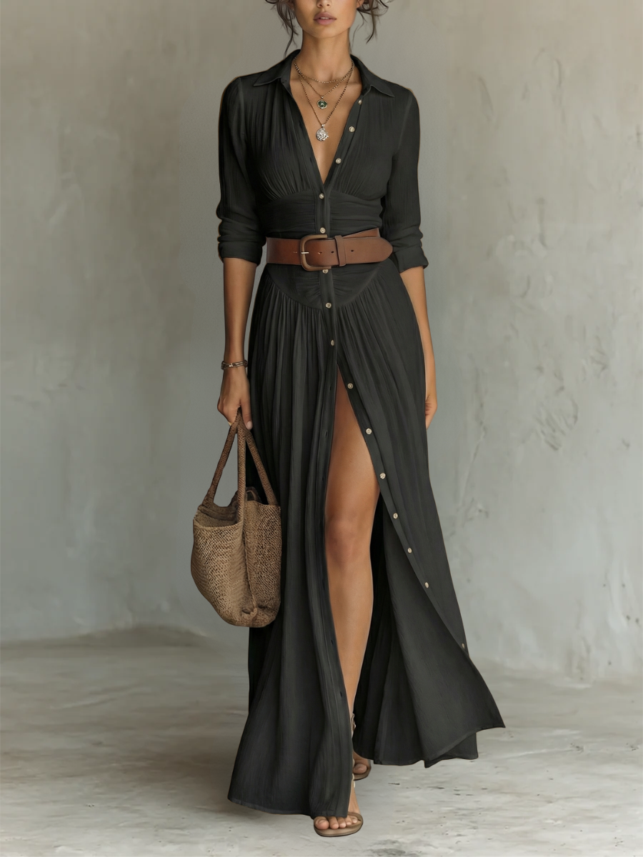 Close-up of the collared neckline & long sleeves of a women's sophisticated maxi dress, ideal for work.