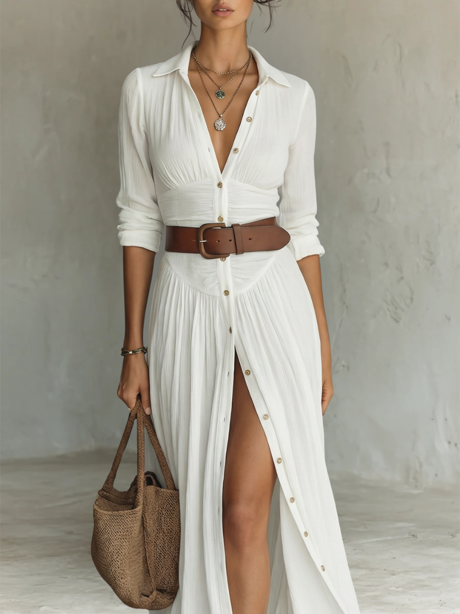Elegant women's pleated maxi dress with long sleeves & collar, a versatile piece for party or everyday wear.