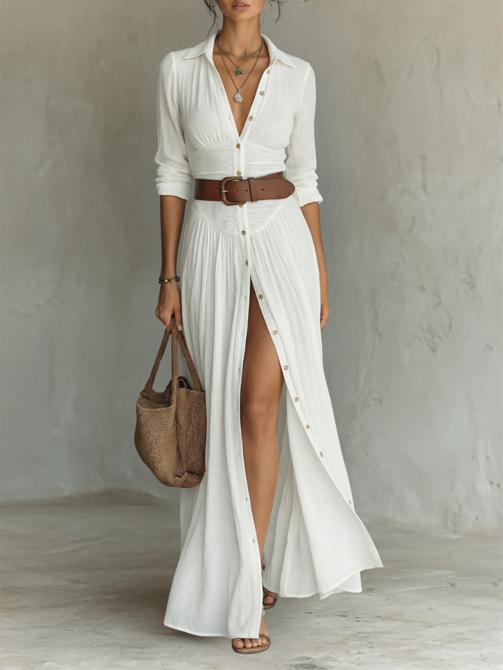 Women's stylish long sleeve collared maxi dress with elegant pleated skirt, perfect for versatile fall fashion.