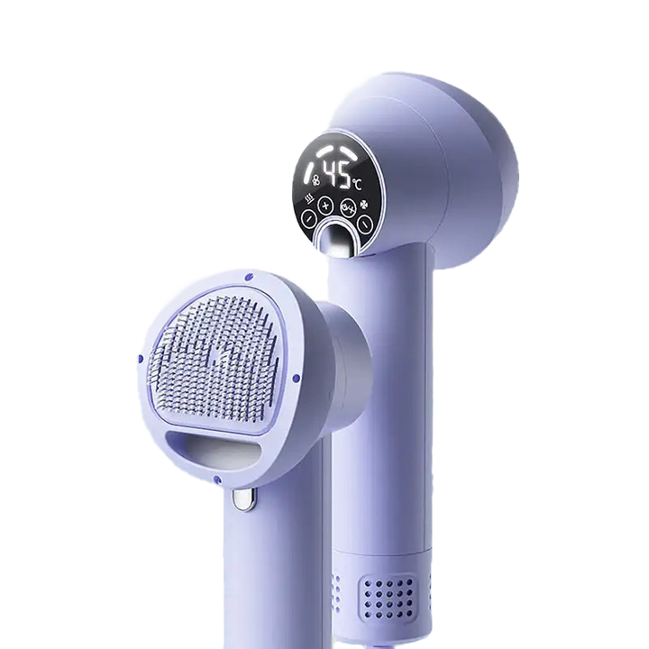 Efficient pet dryer brush for dogs & cats. Gentle low-noise detangling & drying grooming tool with adjustable heat.