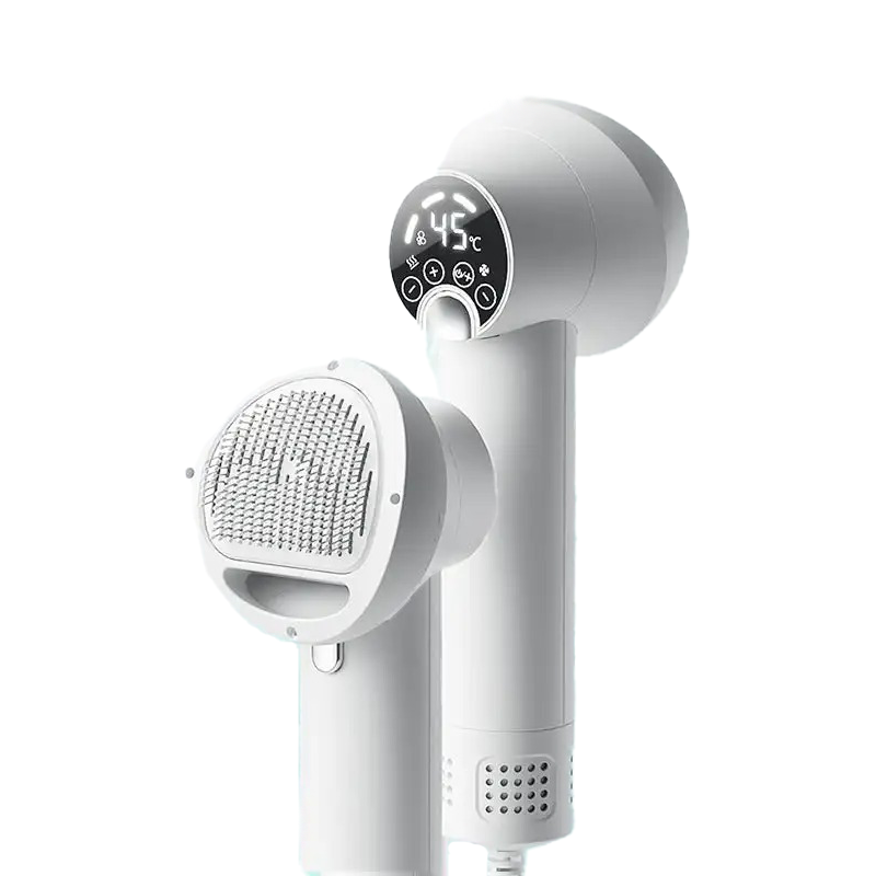 Silent 2-in-1 pet grooming dryer brush for dogs & cats. Low noise detangling & drying pet hair with adjustable heat.