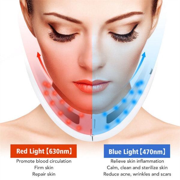 Youthful jawline shaper & double chin remover with red light therapy for facial sculpting.