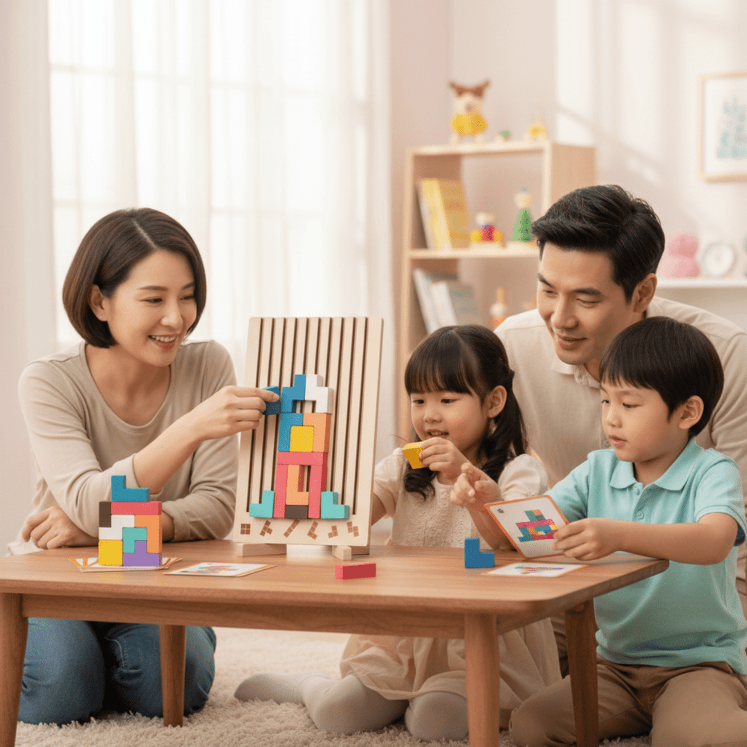 Colorful wooden Tetris stacking blocks, boosting kids' fine motor skills & logic. Montessori educational toy.