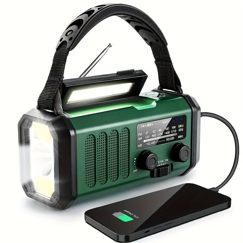 Compact solar & hand crank emergency weather radio with USB charger, LED light for survival & outdoor preparedness.
