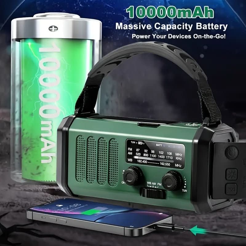 Portable emergency radio with reliable solar panel, hand crank for power; essential survival gear for outages.
