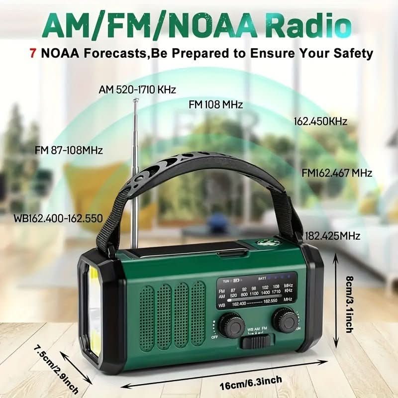 Multi-function weather radio with USB phone charger, bright LED flashlight; vital outdoor & emergency preparedness.