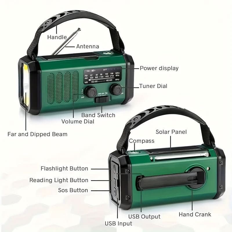 All-in-one emergency radio: solar panel, hand crank, USB port, flashlight. Essential for power outages & camping.