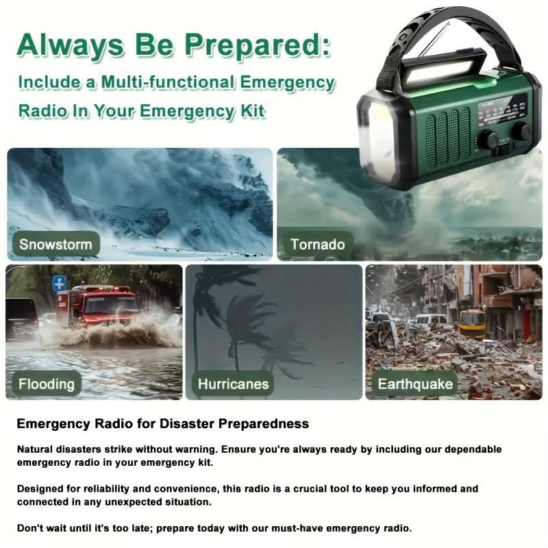 Compact emergency solar crank weather radio, a portable preparedness gadget with USB charger & LED for survival.