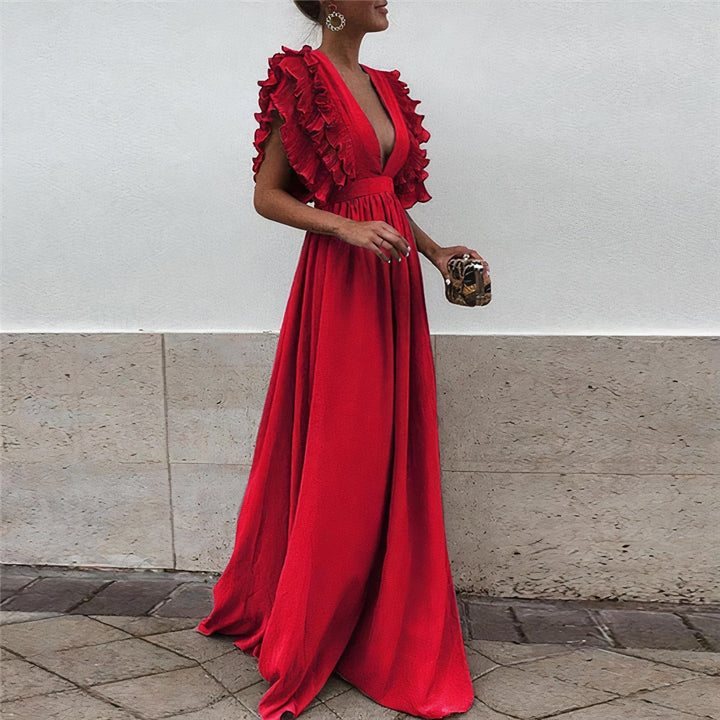 Flattering silhouette of an elegant women's summer party dress, comfortable and stylish midi length.