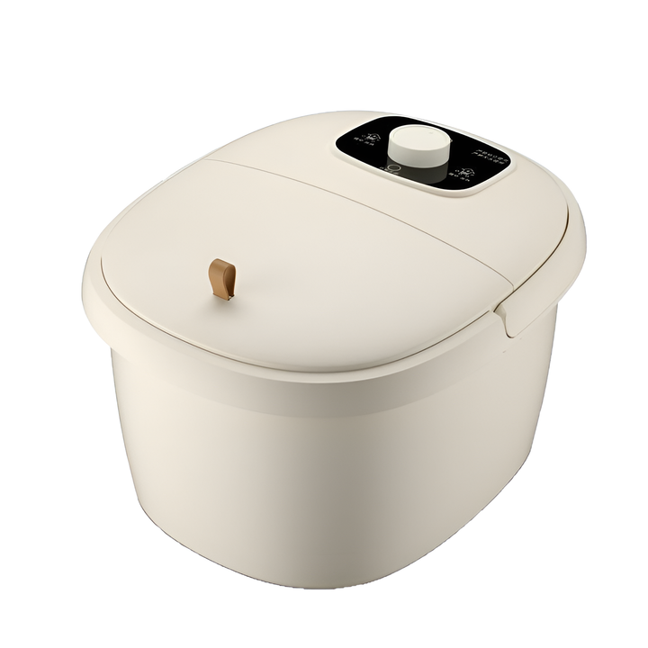 Heated electric foot bath massager for home use, featuring bubble therapy & pedicure functions for foot care.