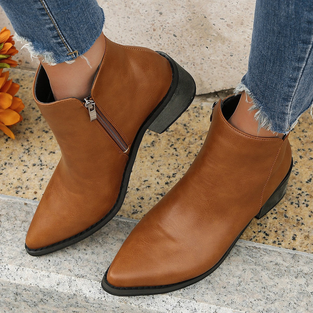 Chic women's pointed toe ankle boots, block heel, perfect for casual or dressy fall & winter outfits.