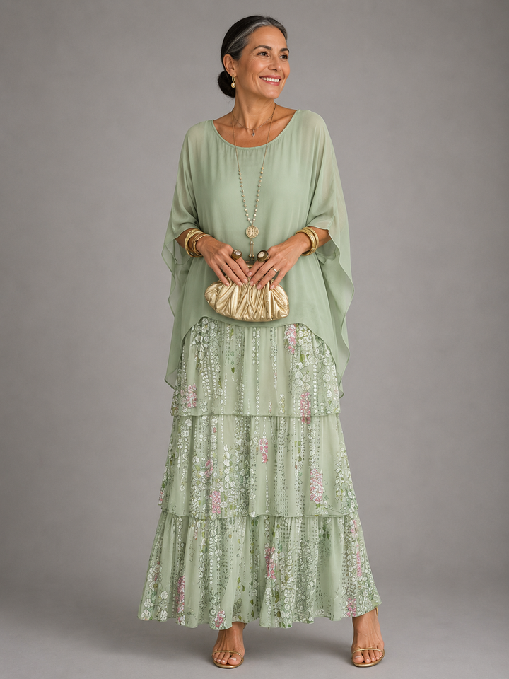 Maxi dress for women, flowy & comfortable with long sleeves, tiered skirt, and charming ruffle trim.