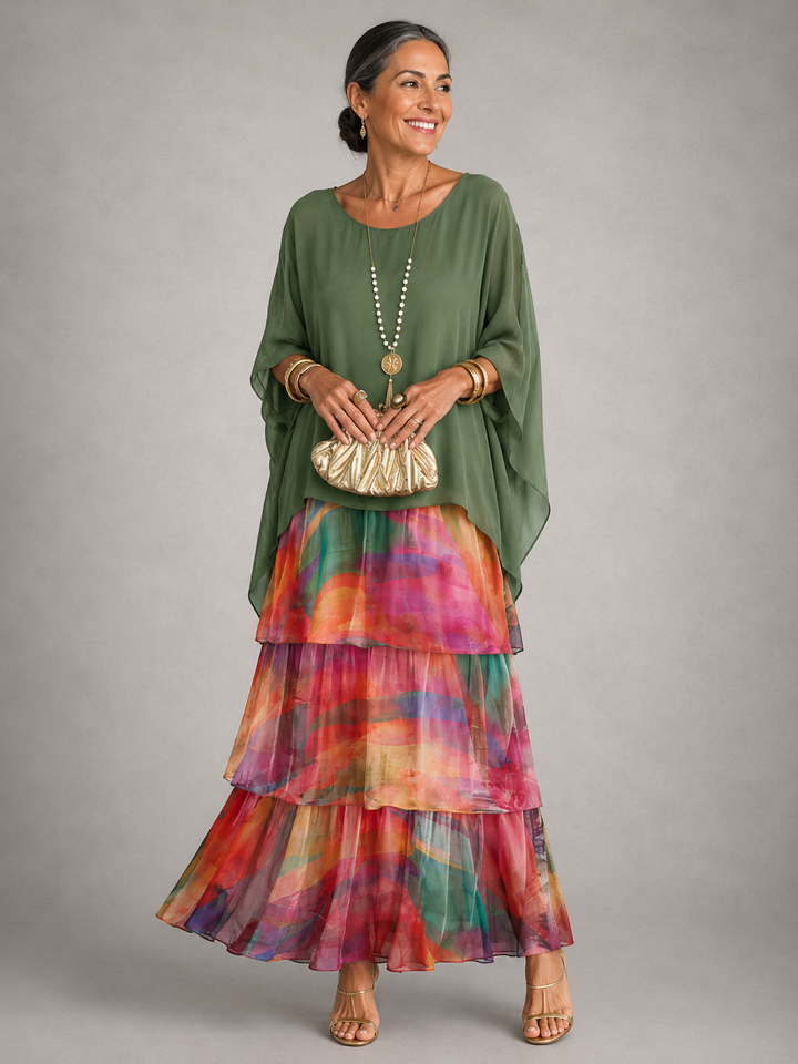 Elegant yet comfortable women's long sleeve maxi dress, featuring a flowy tiered design & ruffle trim.