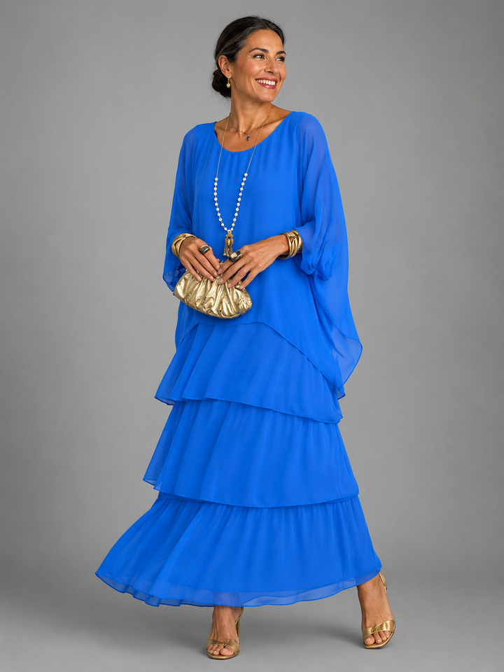 Flowy women's long sleeve maxi dress with tiered ruffle trim, a comfortable & stylish casual option.