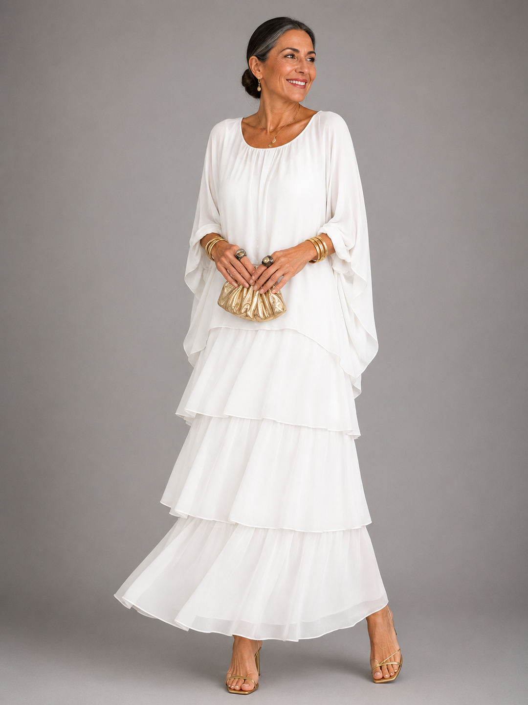 Women's long sleeve round neck maxi dress with tiered skirt & ruffle trim, a versatile fall fashion piece.