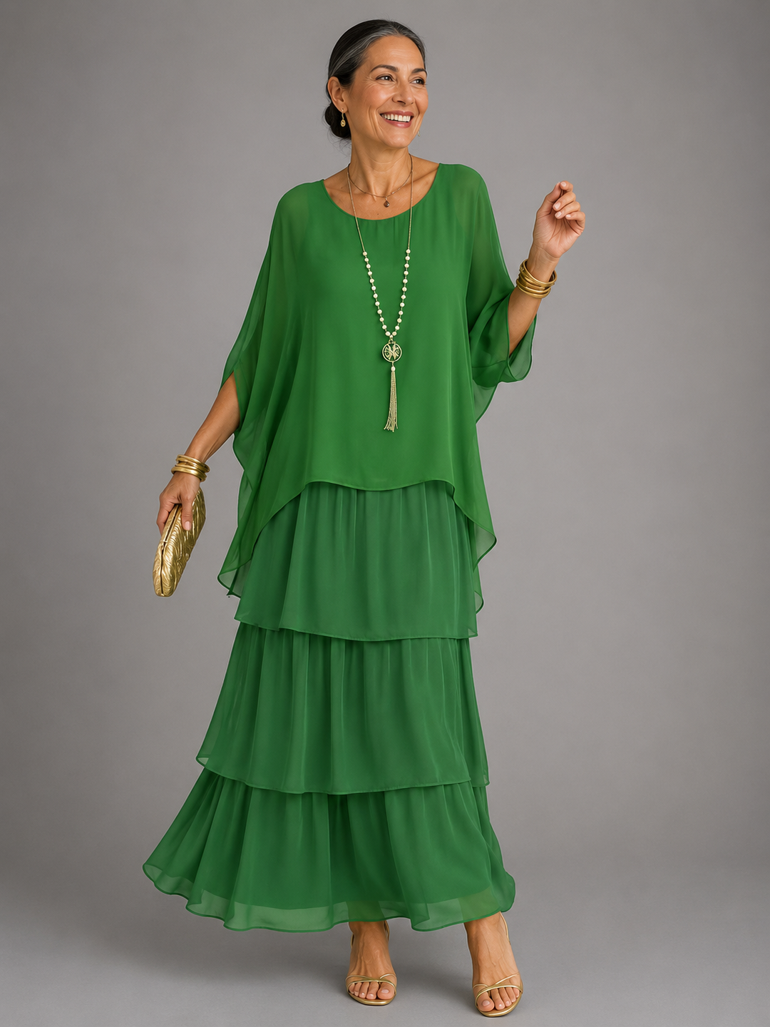 Comfortable, modest women's flowy maxi dress with long sleeves, tiered skirt, and chic ruffle details.