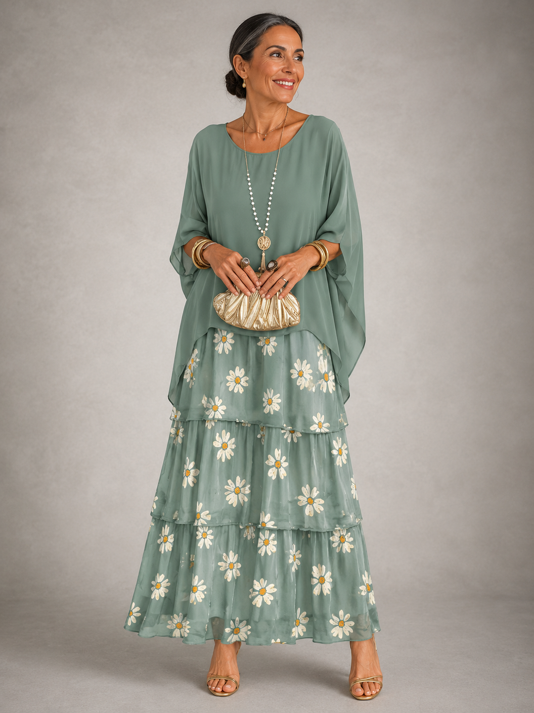 Versatile women's flowy long sleeve maxi dress with tiered skirt, ruffle trim, casual to elegant wear.