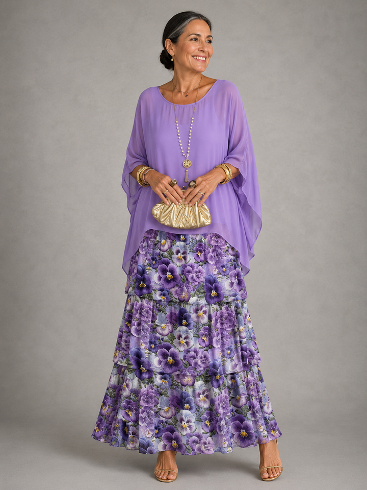 Women's long sleeve flowy maxi dress, tiered with ruffle trim; comfortable, modest & stylish for fall.
