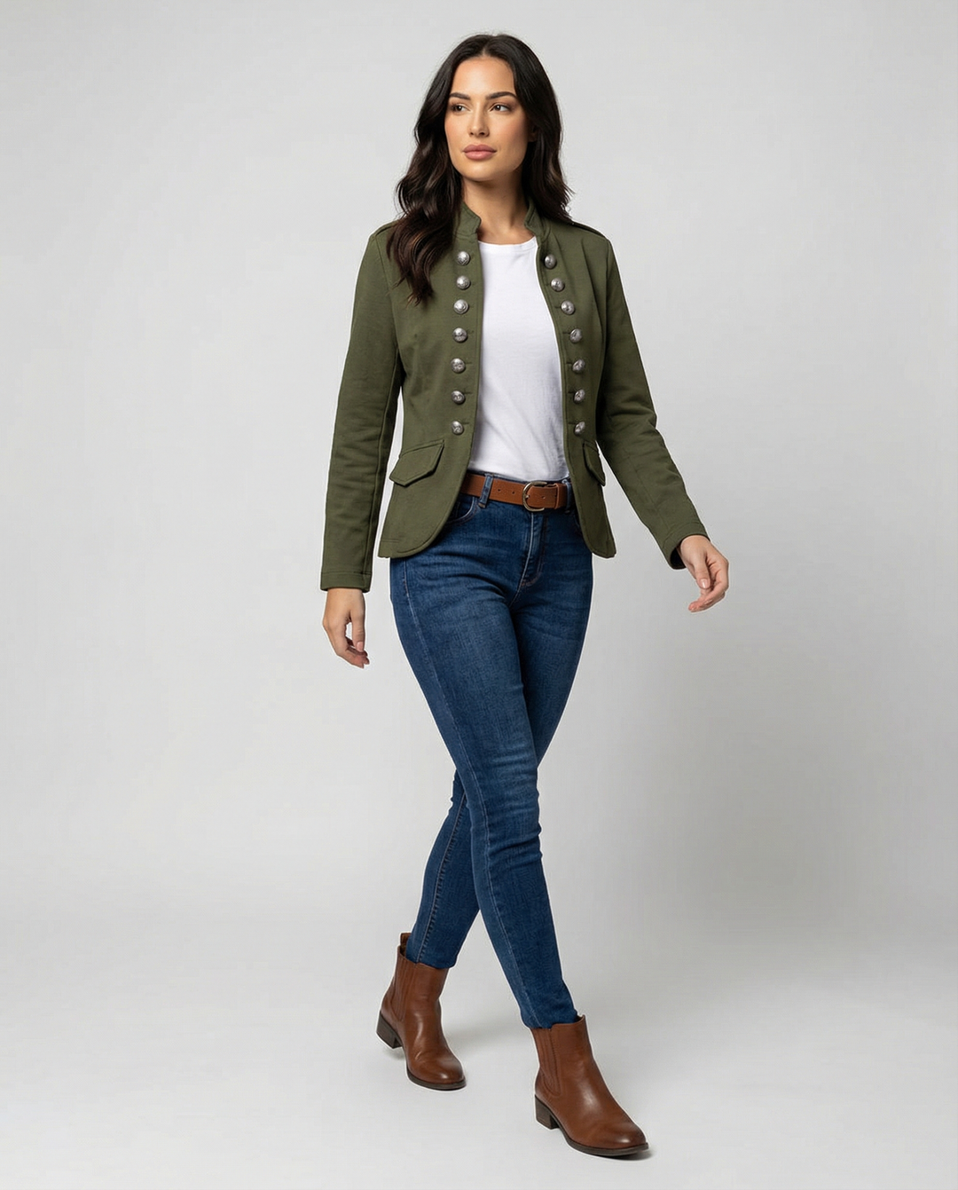 Stylish women's modern fit tailored blazer with an elegant stand-up collar, perfect for versatile outfits.