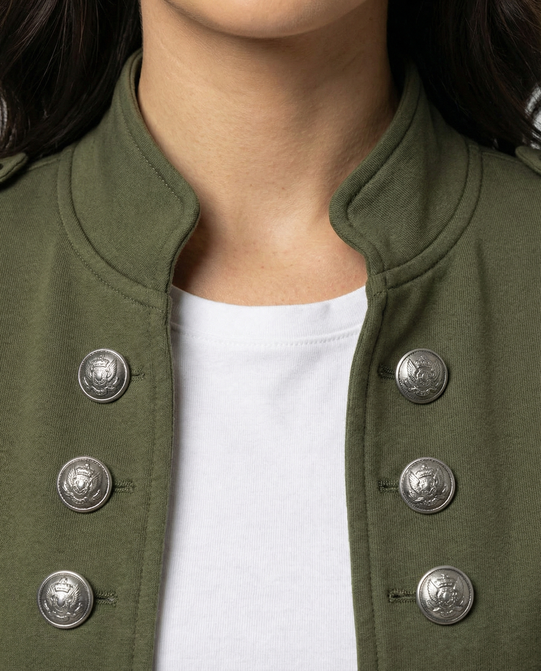 Cropped tailored women's blazer with a chic stand-up collar, a versatile and stylish outerwear piece.