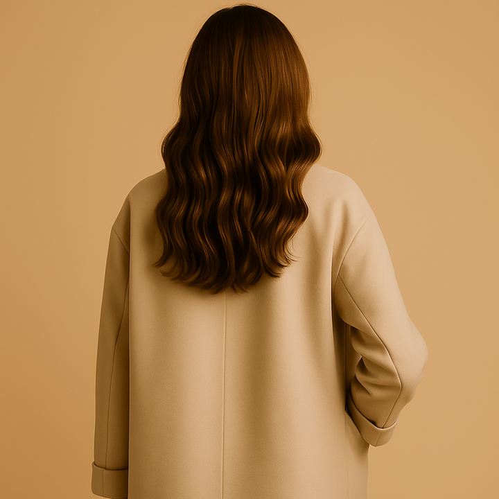 Warm women's long winter trench coat in classic beige, perfect elegant outerwear for cold weather.