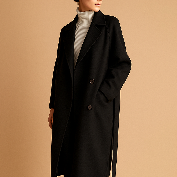 Elegant black women's long winter trench coat. Tailored, warm outerwear for sophisticated cold-weather fashion.