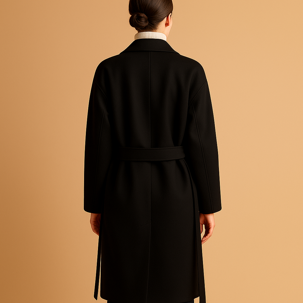 Comfortable brown women's long winter trench coat, elegant outerwear with a classic tailored design for warmth.