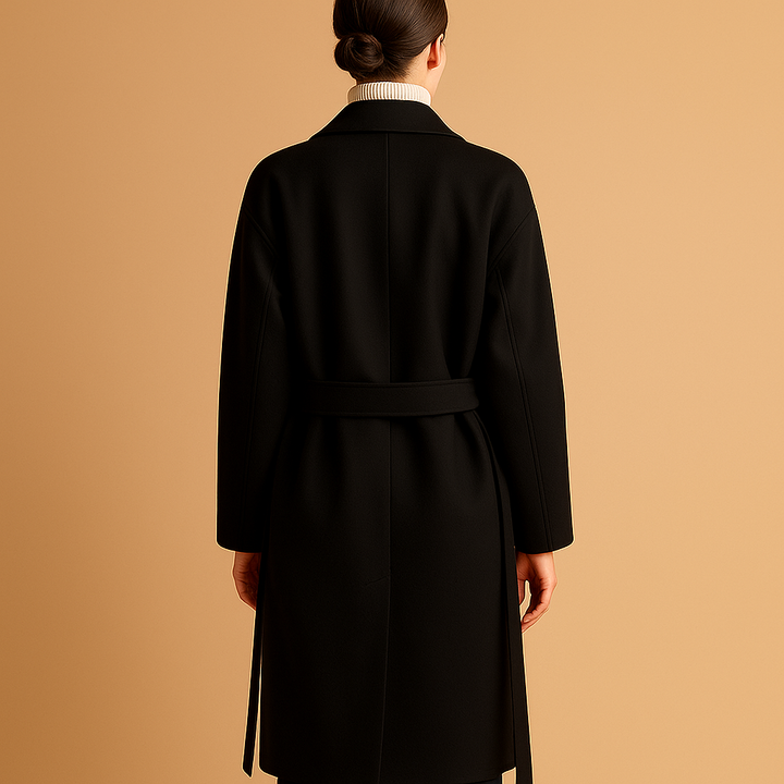 Comfortable brown women's long winter trench coat, elegant outerwear with a classic tailored design for warmth.