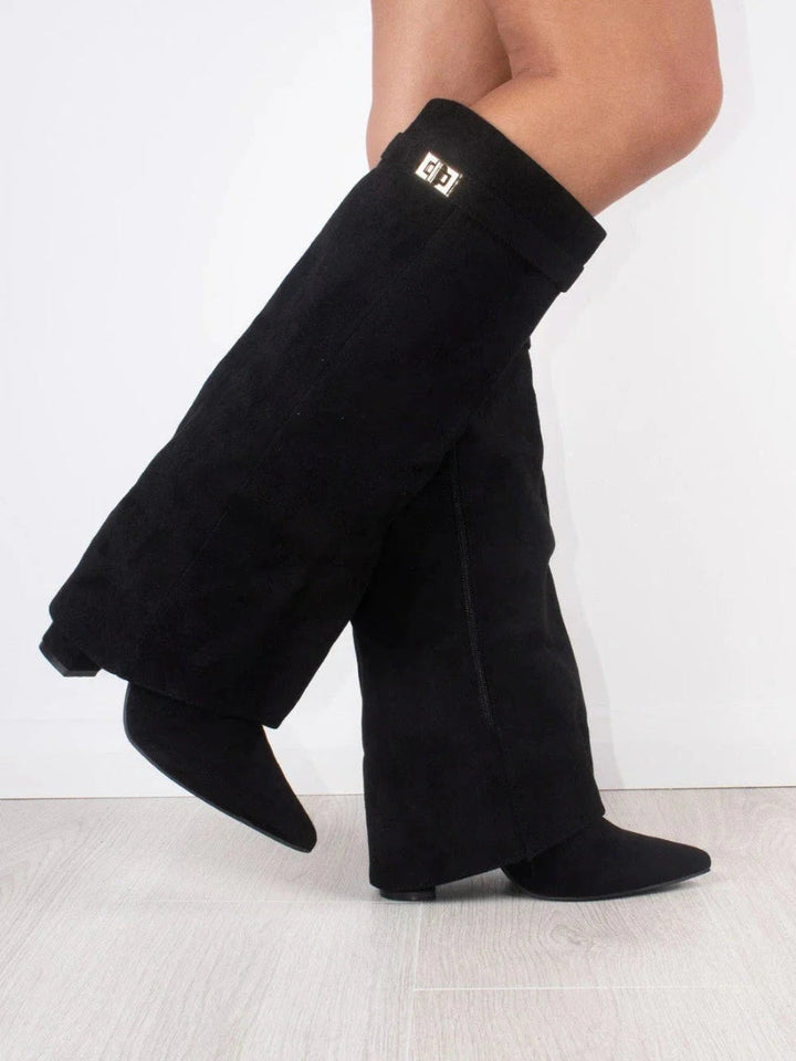 Stylish women's long over-the-knee boots. Pointed toe, low heel. Versatile for dressy & casual fashion.