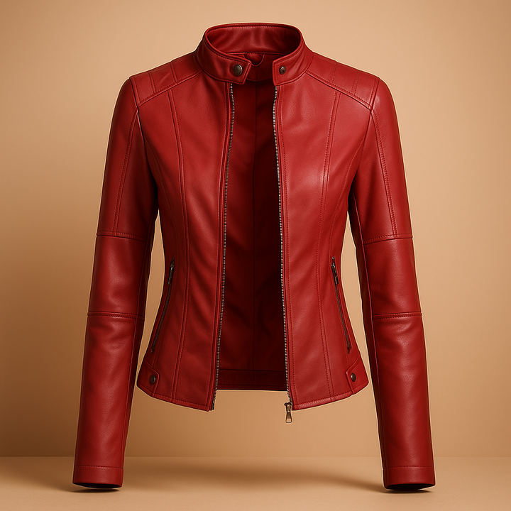 Modern red fashion jacket for women. Stylish and sophisticated outerwear, perfect for seasonal layering.