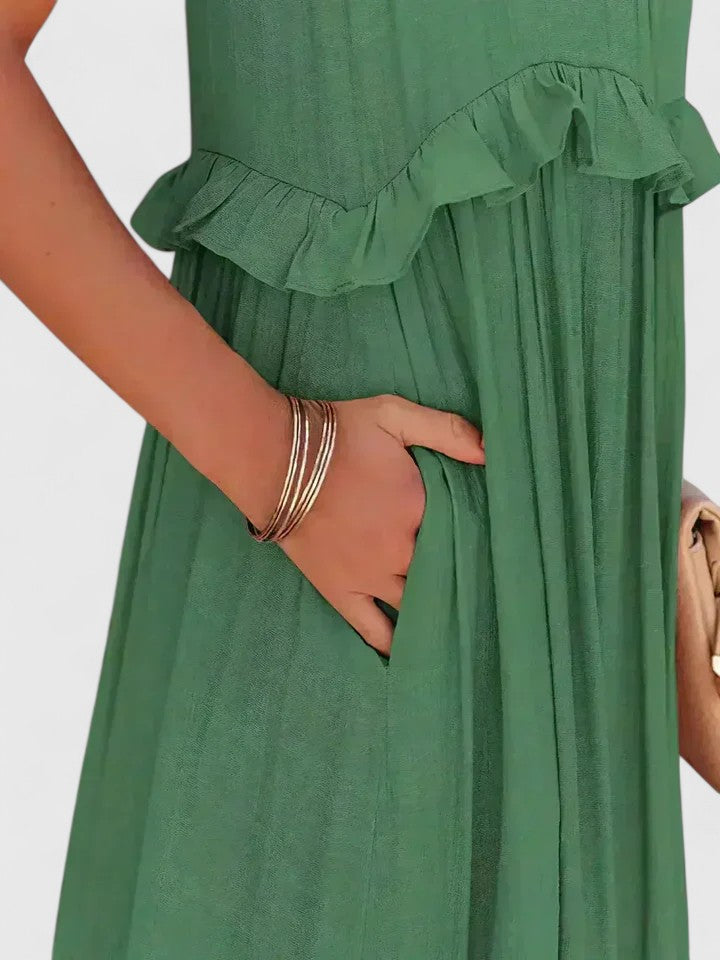 Lightweight white flowy maxi dress, perfect for comfortable summer fashion & versatile wear.