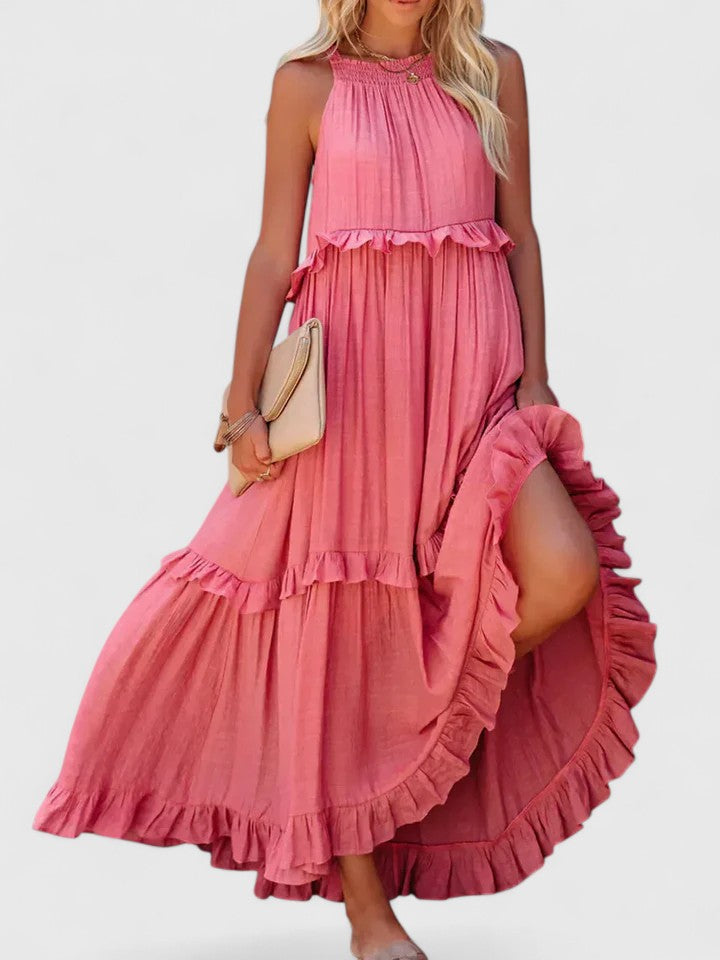 Elegant white ruffle maxi dress, perfect party attire for a stylish summer evening. Flowy & comfortable.
