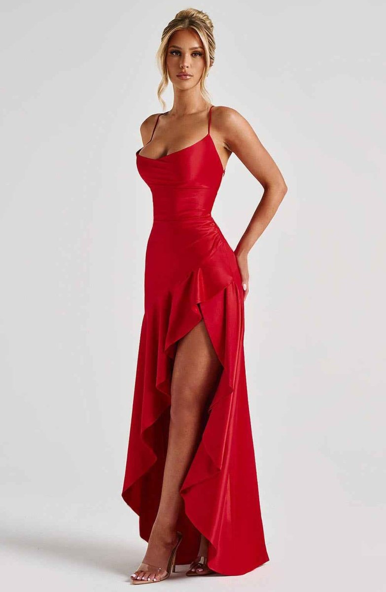 Chic formal evening gown for women, long with ruffle trim & side split, suitable for special occasions.