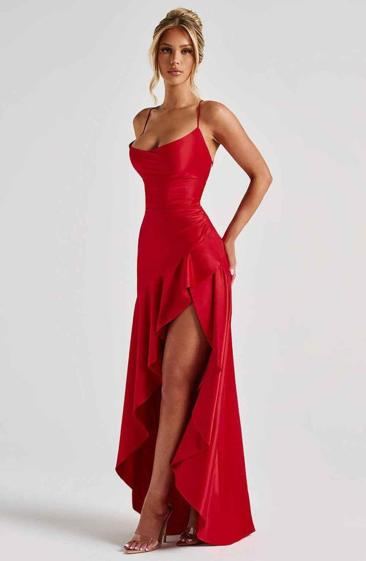 Chic formal evening gown for women, long with ruffle trim & side split, suitable for special occasions.