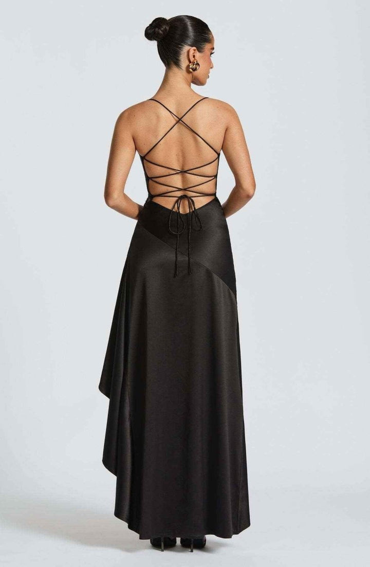 Formal women's maxi dress with sophisticated ruffle trim and a flattering side split, ideal for events.