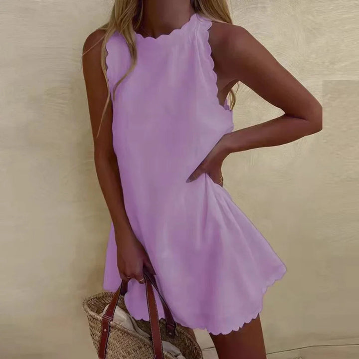 Soft & comfortable women's casual mini dress with elegant wavy trim, perfect for a relaxed look.