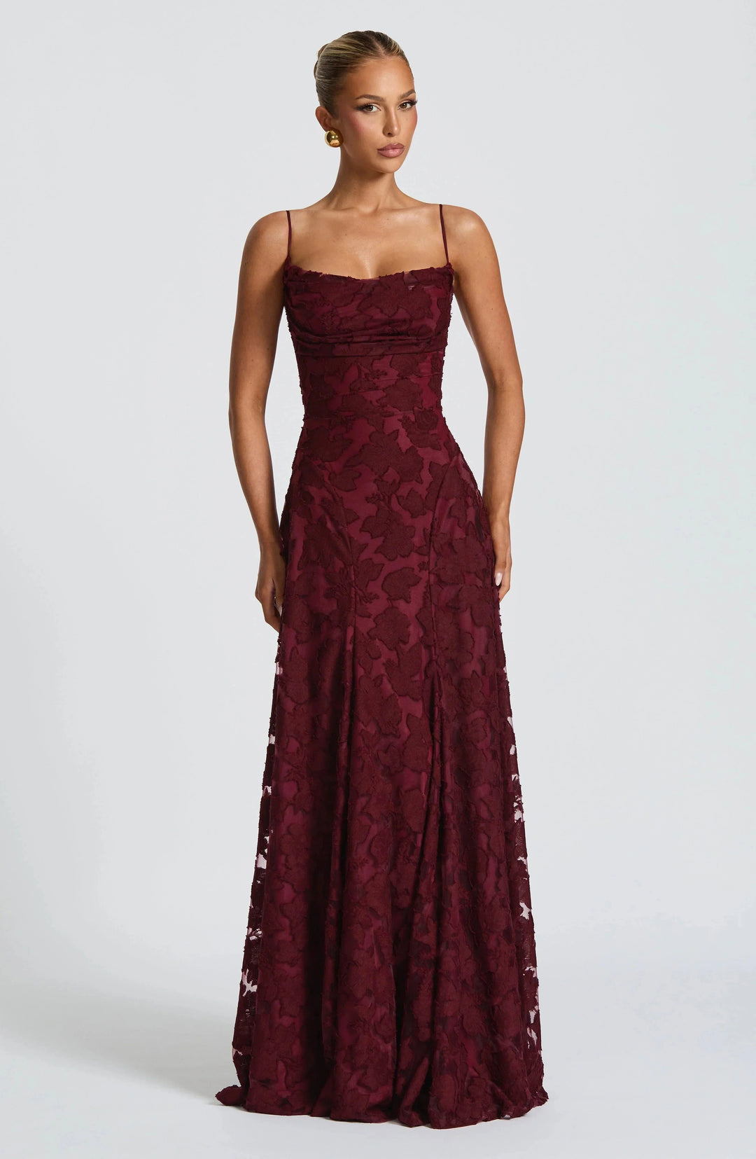 Elegant women's maxi dress with corset bodice & flowing skirt, perfect for formal evening occasions.