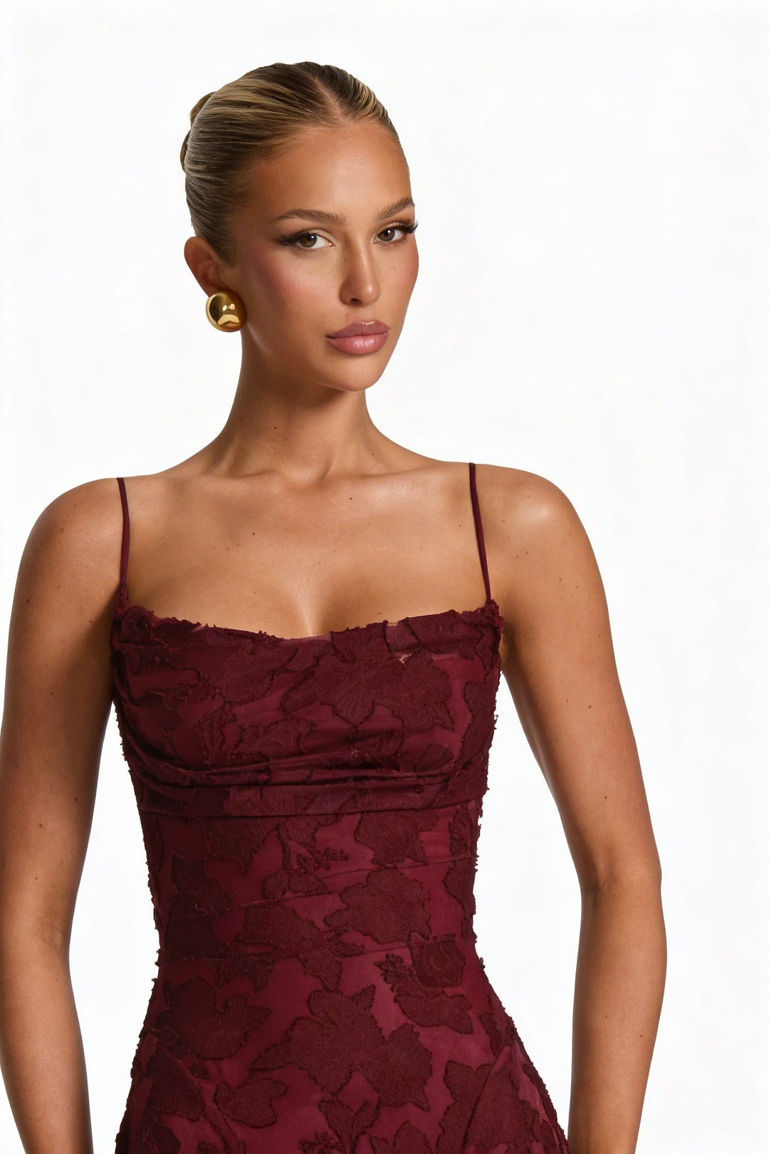 Women's formal maxi dress featuring a structured corset bodice & chic lace-up back. Ideal for parties.