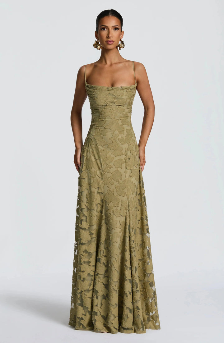 Women's Elegant Maxi Dress with Corset Bodice & Lace-Up Back, ideal for formal evening parties.