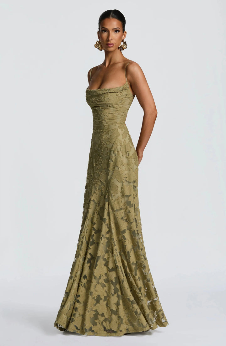 Elegant strappy maxi dress for women, with a chic corset bodice & alluring lace-up back. Formal evening wear.
