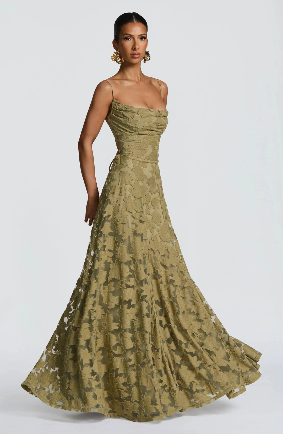 Luxurious women's evening gown, a maxi dress with a corset bodice & elegant lace-up back. Perfect for formal events.