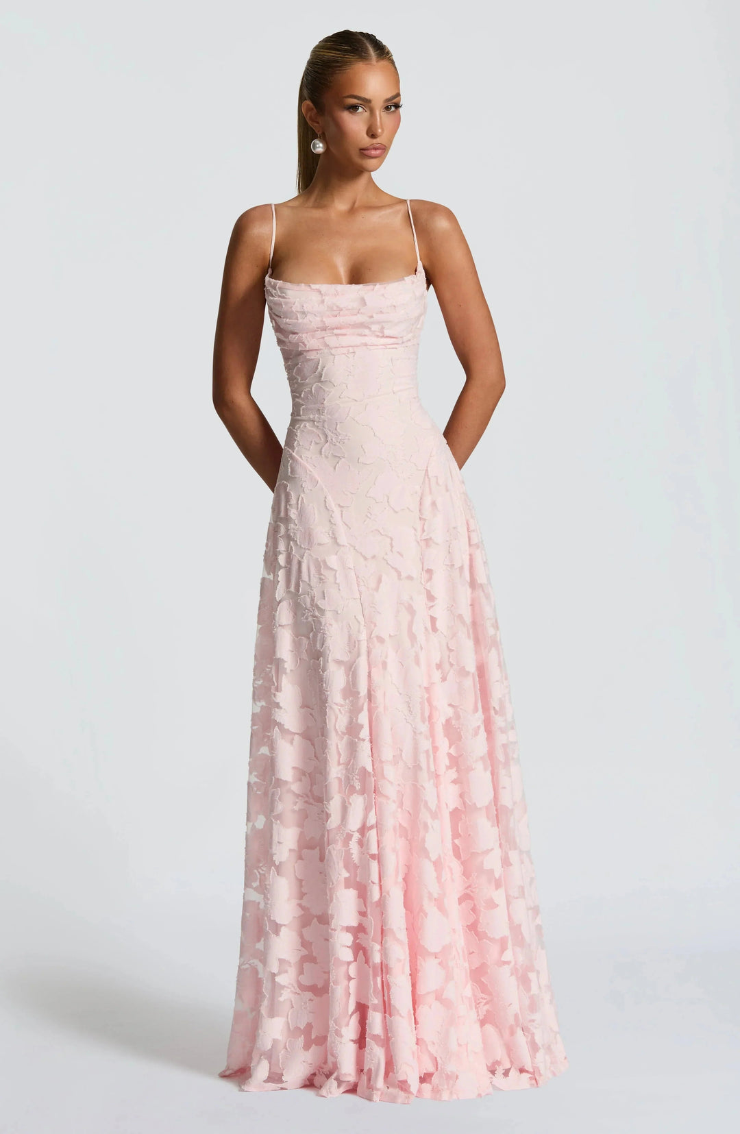 Elegant A-line maxi dress for women, featuring a structured corset bodice & stylish lace-up back. Formal evening party.