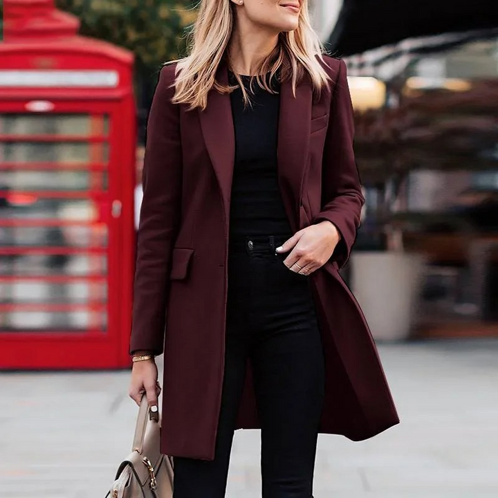 Elegant women's trench blazer coat, perfect for professional attire and sophisticated all-season outerwear.