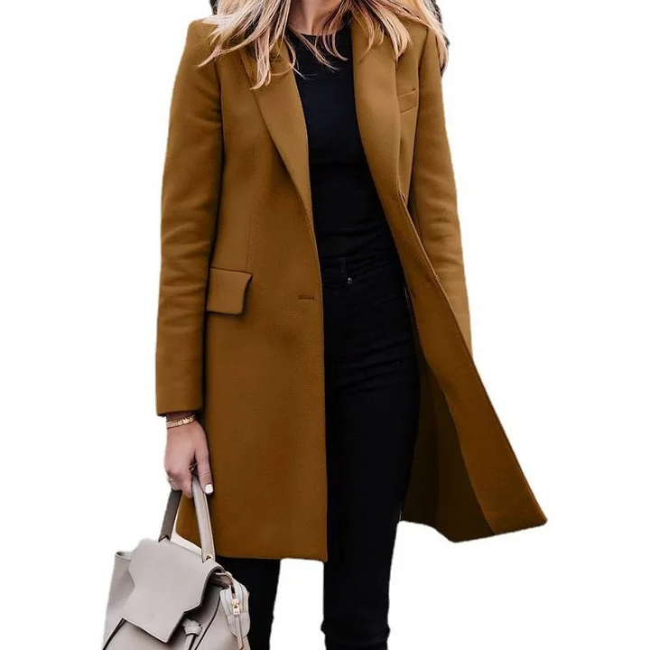 Single-breasted women's trench blazer coat. Tailored, elegant, and versatile for all-season professional attire.