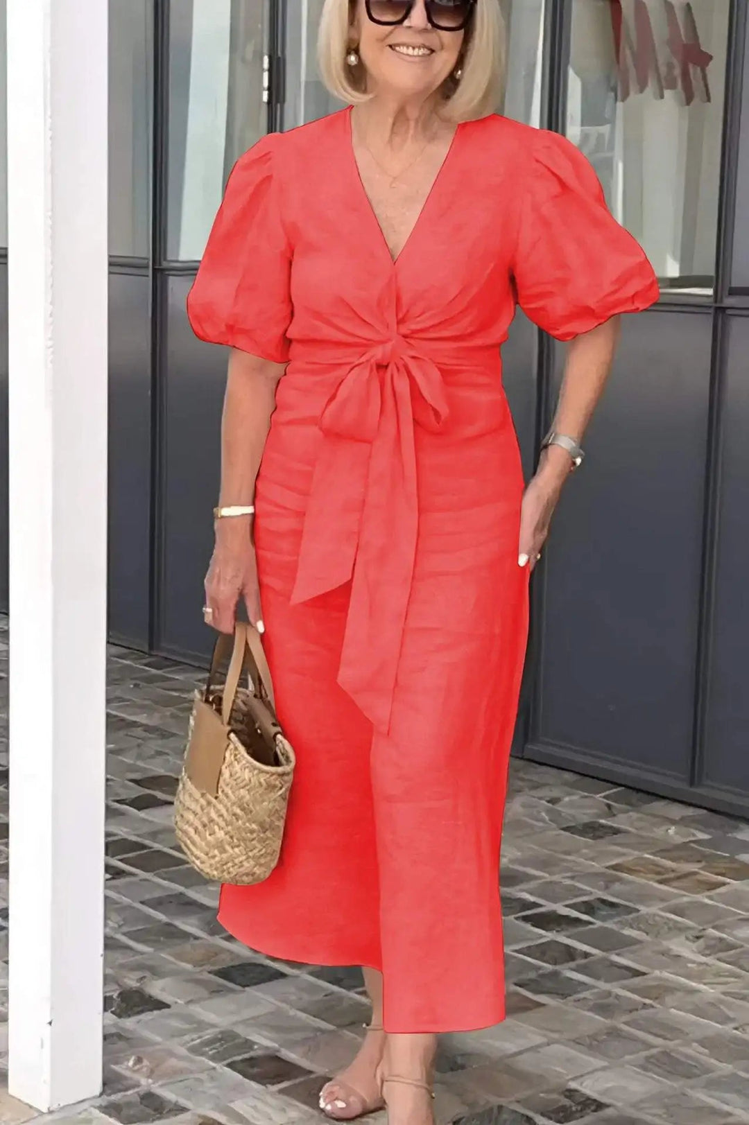 Elegant women's V-neck midi dress with puff sleeves, perfect for wedding guests & formal events.