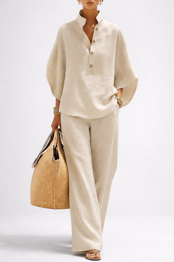 Elegant women's wide leg trousers and collared top two-piece set for a chic, modern look.