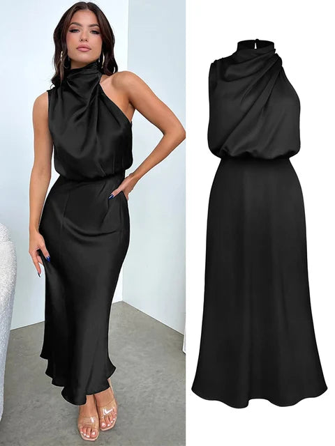 Elegant women's halter neck midi dress, perfect for parties & special occasions.