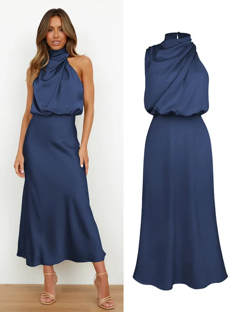 Women's elegant sleeveless midi dress with halter neck & spaghetti straps, perfect for evening wear.