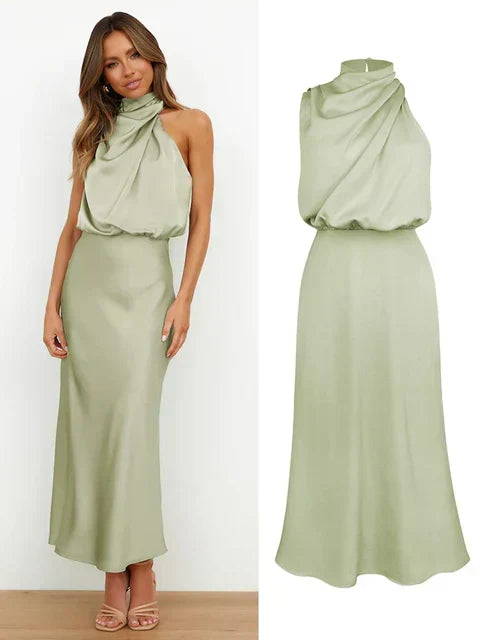 Versatile women's elegant midi dress, halter neck, suitable for formal or party events.